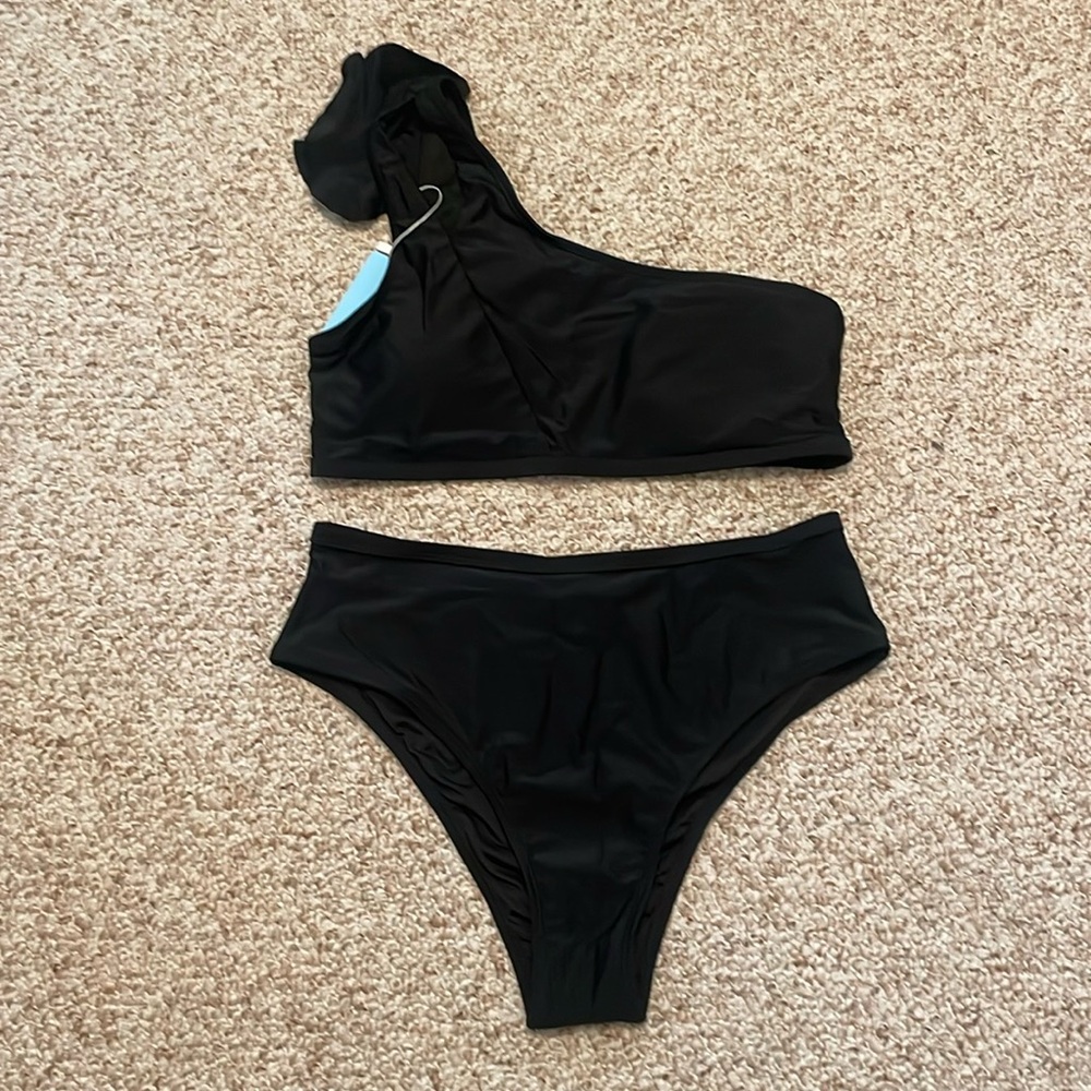 One Ruffle Shoulder High Waisted Bikini